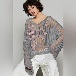 POL Gray Sheer Knit Hoodie with Pink Accents
